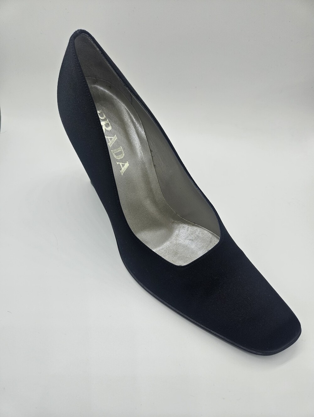 Prada Architectural Wedge Black Satin Heels Sz 39 (US 9) Avant-Garde Luxe Goth‎